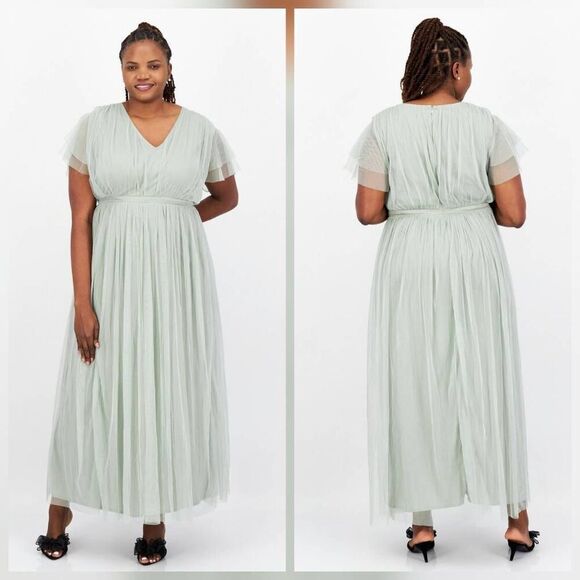 Anaya with Love Pastel Sage Green Chiffon Outer Flutter Sleeve Bridesmaid Event - Picture 1 of 8